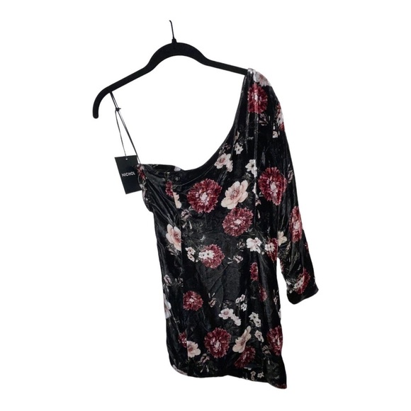 NWT NICHOLAS Black Floral Velvet One Shoulder Bodycon Mini Dress US 6 - Picture 10 of 13